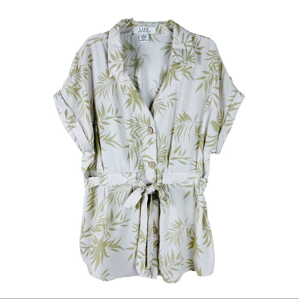 L.I.F.E. Cream tan green palm tropical botanical button tie boho resort top XL